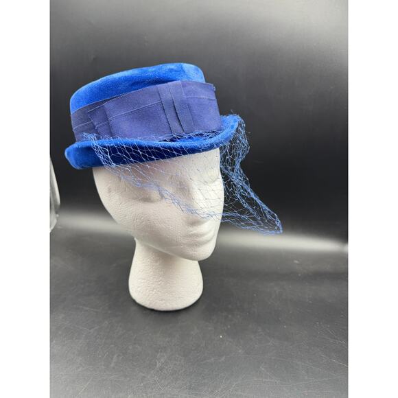 Original Caroline Vintage Hat Blue Velour with small Veil 1960's Pork Pie Style - Picture 1 of 5
